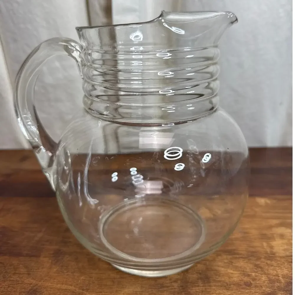 Vintage Heavy Clear Glass Ribbed Cottage Farmhouse Style Jug Pitcher With Handle